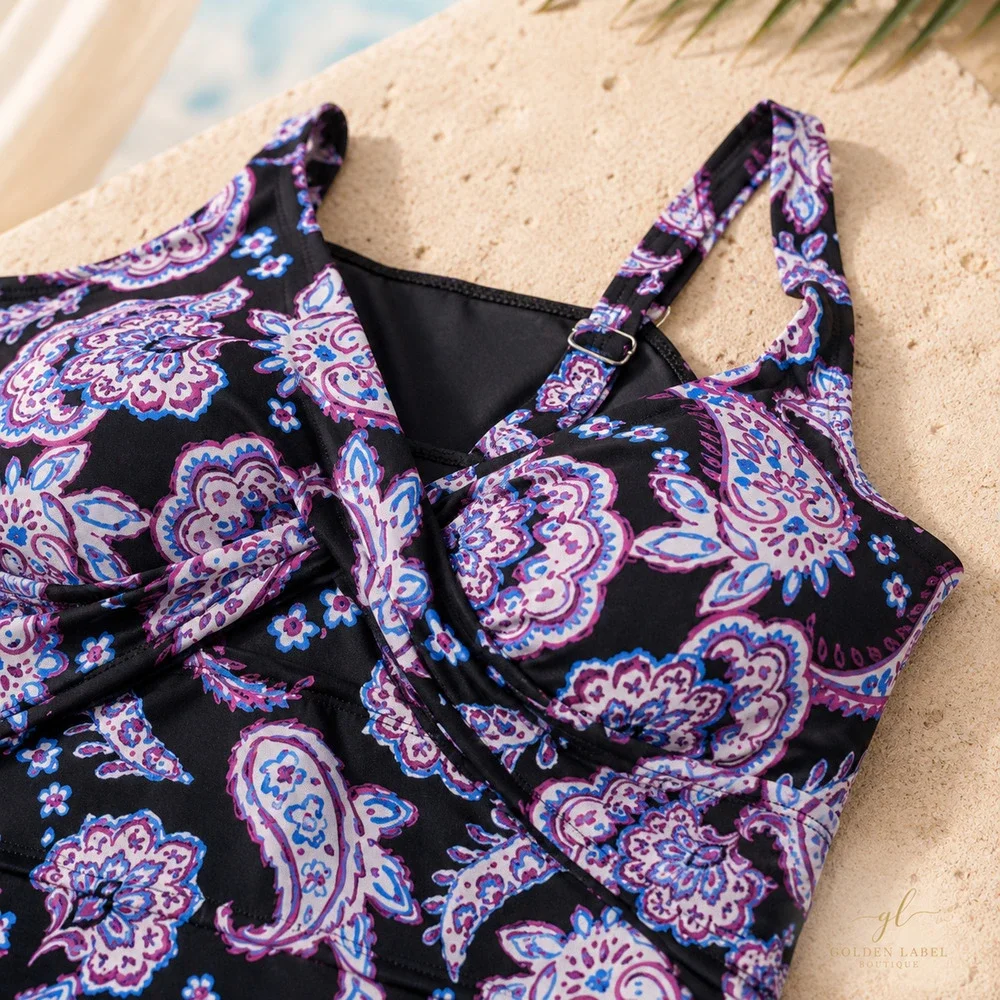 Swim Solutions Tankini Top Women’s 14 Black Paisley Twist Front NWT - Picture 2 of 6